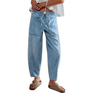 Women's Wide Leg Baggy Jeans Cotton Blend Elastic Waist Ankle Denim Pants